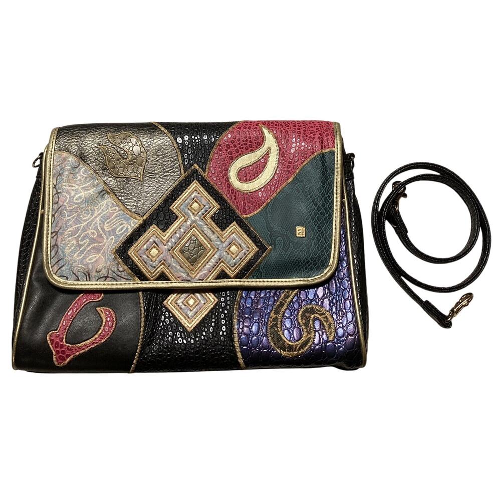 Vtg Womens Alentino Faux Leather Bag Purse Multicolor Patchwork Removable Strap